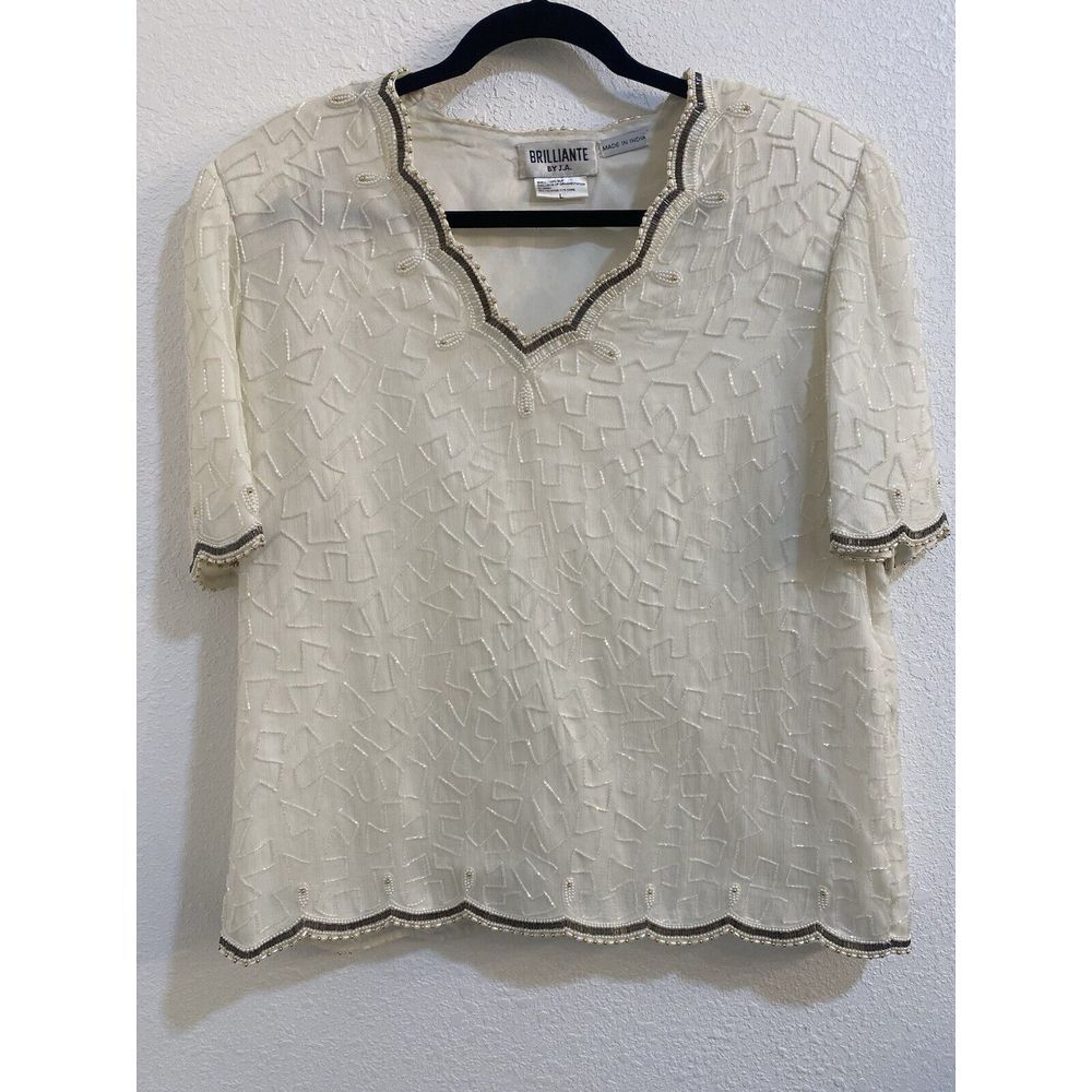 Brilliante by J.A. Short Sleeve Sequin Silk Blouse Women's L Ivory Shoulder Pads